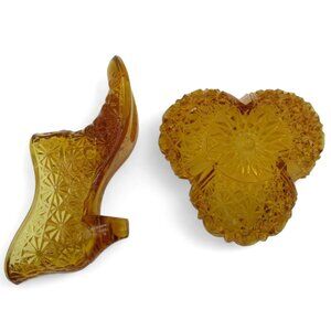 Glass BOOT And DISH Amber-Colored Set With Intricate Starburst Pattern